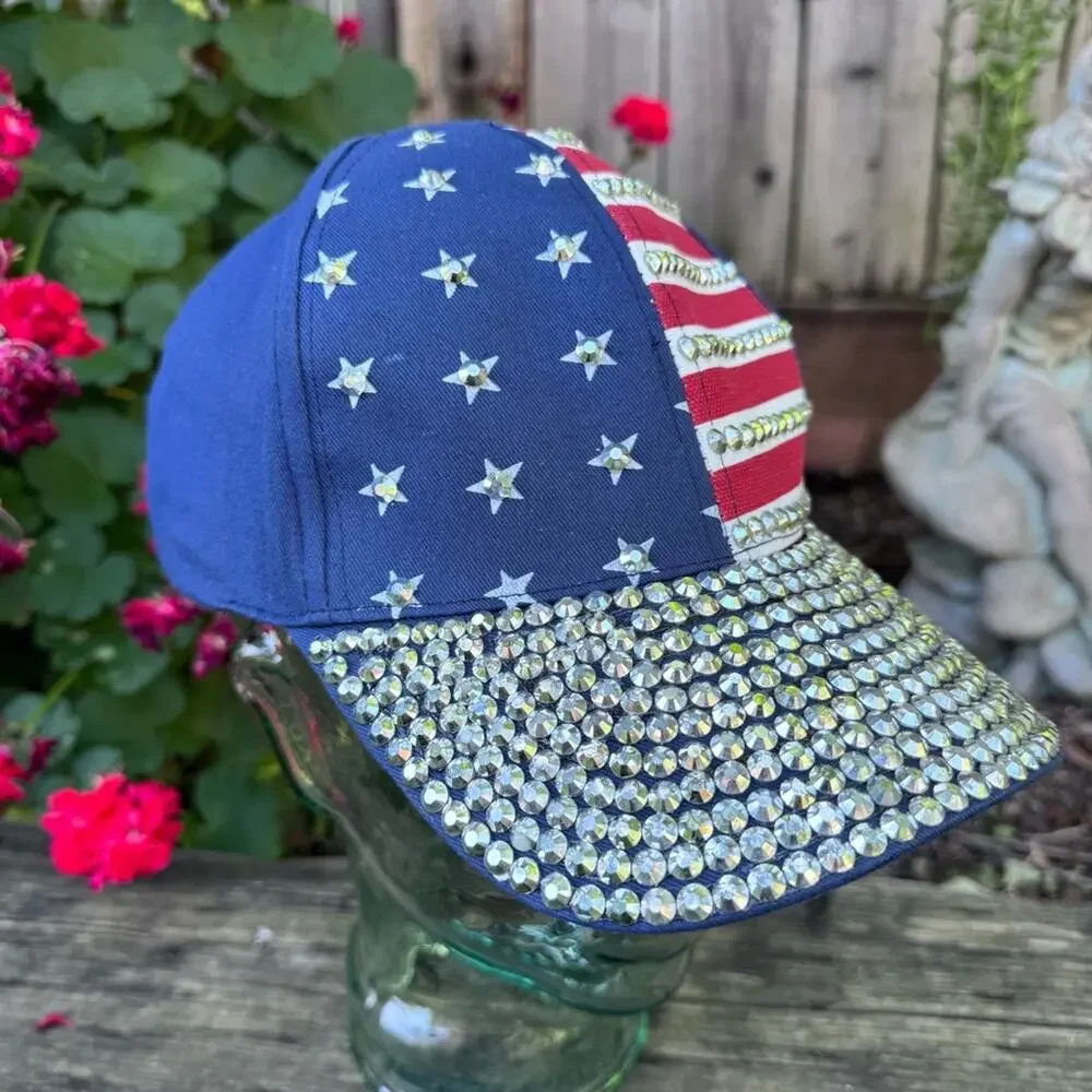 American Flag Bedazzled Rhinestones Patriotic Navy Blue Bling Trucker Hat